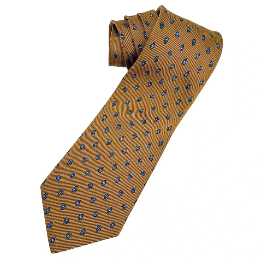 Brooks Brothers Mustard‎ Gold Paisley Silk Tie Blue Teardrop Stain Resistant USA